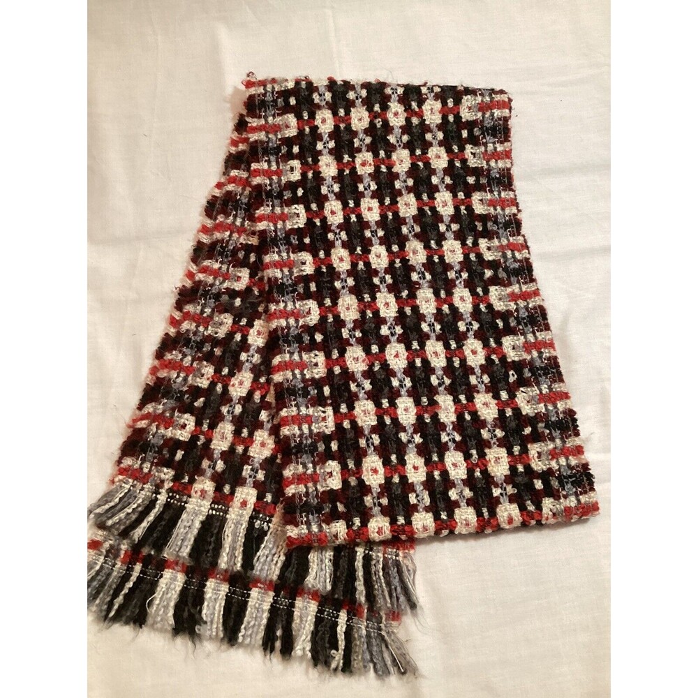 V. FRAAS GERMANY Black White Red Plaid Fringed Scarf 68" X 10" Acrylic RN#66349